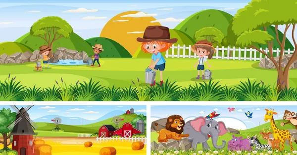 Conjunto Paisaje Panorámico Aire Libre Con Ilustración Personajes Dibujos Animados — Vector de stock