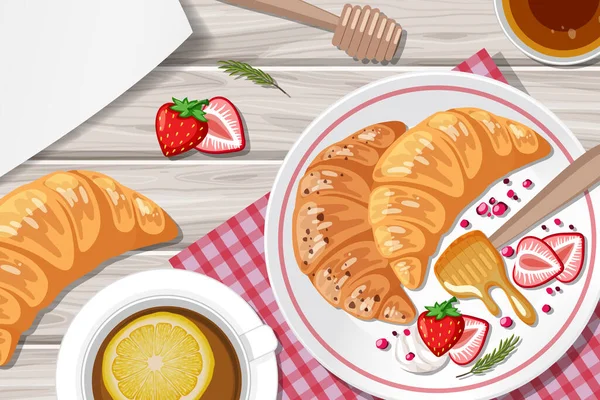 Croissant Med Jordgubbe Och Kopp Citronte Bordet Illustration — Stock vektor