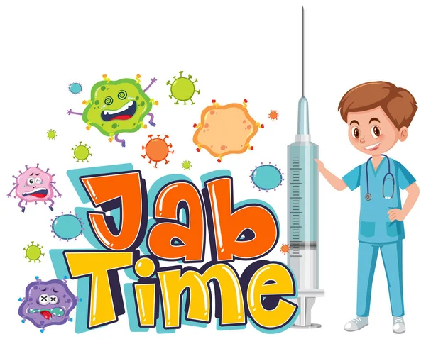 Médico Segurando Seringa Vacina Com Jab Time Ilustração Logotipo Fonte — Vetor de Stock