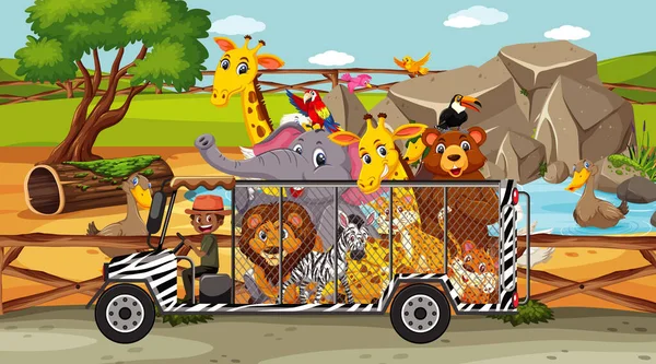 Scène Safari Avec Des Animaux Sauvages Dans Une Cage Illustration — Image vectorielle