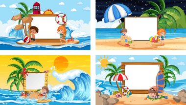 Boş afiş illüstrasyonlu farklı tropikal sahneler.