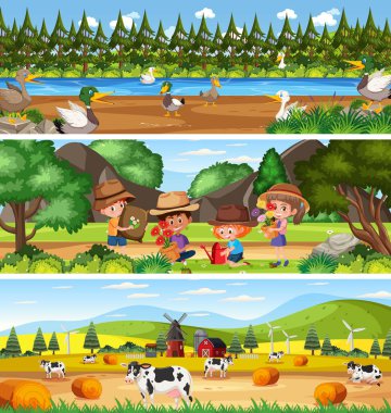 Çizgi film karakteri çizimleri ile açık hava manzara sahnesi