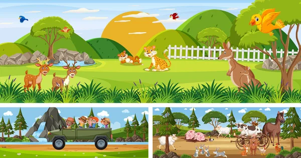 Conjunto Paisagem Panorâmica Livre Com Ilustração Caráter Desenho Animado — Vetor de Stock