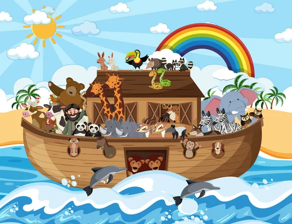 Noah Ark Met Dieren Oceaan Scene Illustratie — Stockvector