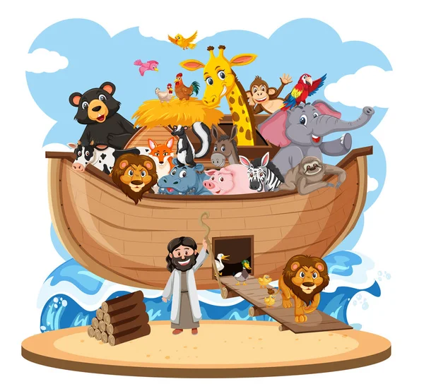 Noah Ark Met Dieren Geïsoleerd Witte Achtergrond Illustratie — Stockvector