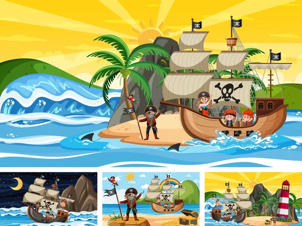 Conjunto Diferentes Escenas Playa Con Ilustración Barco Pirata — Archivo Imágenes Vectoriales