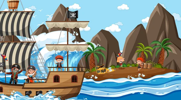 海賊の子供たちと昼間の宝島のシーンイラスト — ストックベクタ