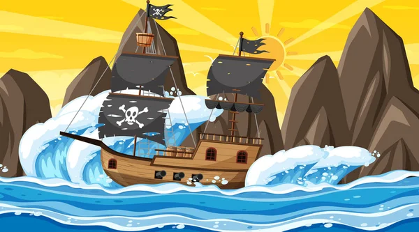 Ocean Pirate Ship Sunset Time Scene Cartoon Style Illustration - Stok Vektor