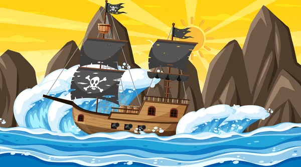 Océano Con Barco Pirata Atardecer Escena Ilustración Estilo Dibujos Animados — Archivo Imágenes Vectoriales