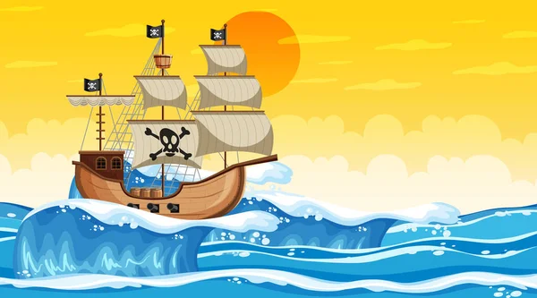 Ocean Scene Sunset Time Pirate Ship Cartoon Style Illustration — Stock Vector