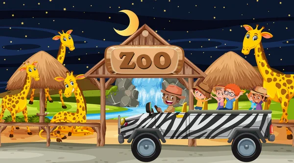 Safari Nachts Scène Met Kinderen Kijken Giraffe Groep Illustratie — Stockvector