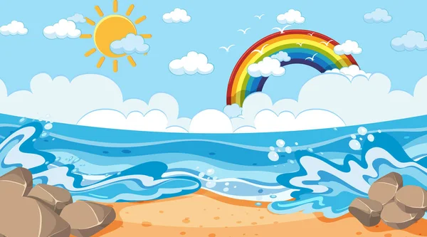 Plaża Krajobraz Dzień Scena Tęczą Niebie Ilustracja — Wektor stockowy