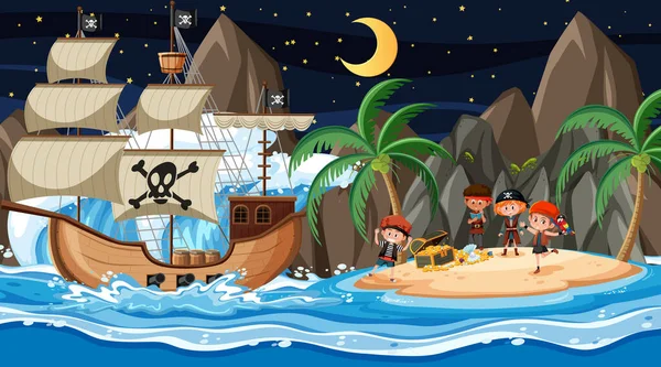 Skattkammarön Scen Natten Med Pirate Kids Fartyget Illustration — Stock vektor