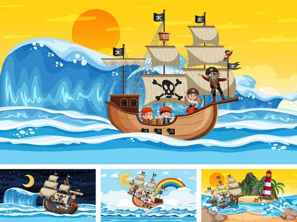 Set Different Beach Scenes Pirate Ship Pirate Cartoon Character Illustration — Stock Vector