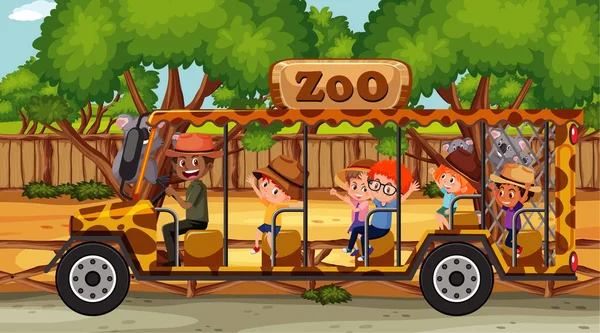 자동차 삽화에 나오는 자녀들 동물원 — 스톡 벡터
