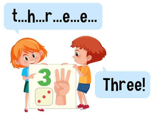 Zeichentrickfigur Von Zwei Kindern Die Die Zahl Drei Buchstabieren — Stockvektor
