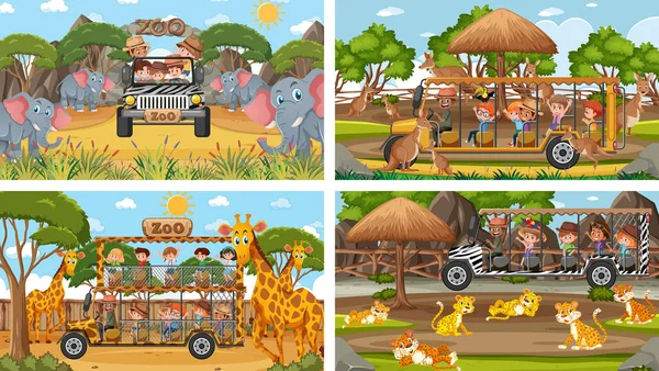 Cuatro Escenas Diferentes Del Zoológico Con Ilustración Niños Animales — Archivo Imágenes Vectoriales