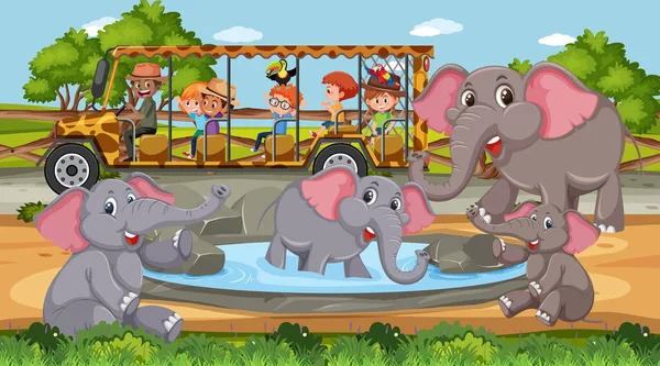 Groupe Éléphants Dans Scène Safari Jour Avec Des Enfants Dans — Image vectorielle