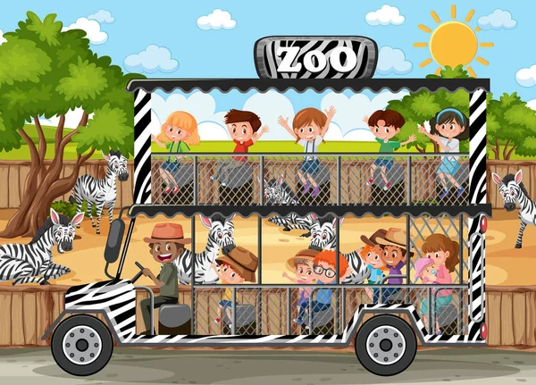 Safari Szene Mit Kindern Auf Touristenauto Beobachtet Zebragruppe Illustration — Stockvektor