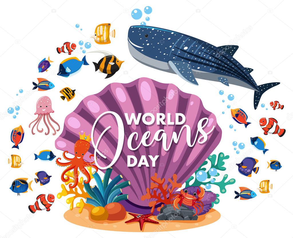 World Ocean Day banner with many different sea animals on white background illustration