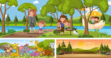 Çizgi film karakteri çizimi olan açık hava panoramik manzara seti