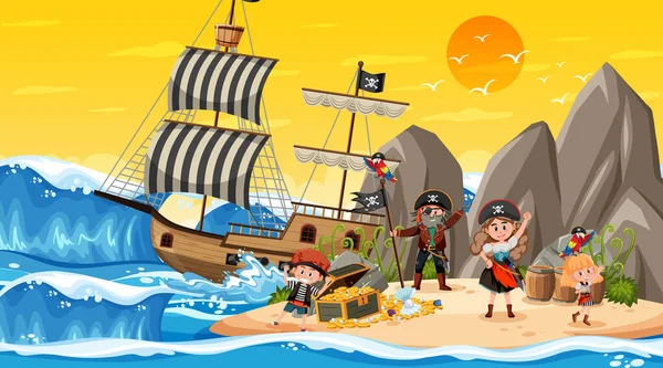 Escena Treasure Island Atardecer Con Ilustración Niños Piratas — Vector de stock