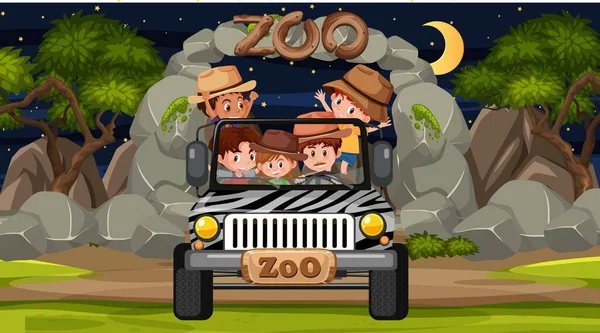 Safari Escena Nocturna Con Muchos Niños Coche Jeep Ilustración — Archivo Imágenes Vectoriales