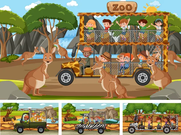 Diferentes Escenas Safari Con Animales Ilustración Personajes Dibujos Animados Para — Archivo Imágenes Vectoriales