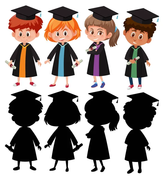 Set Different Kids Wearing Graduation Gown Silhouette Illustration — Stock Vector