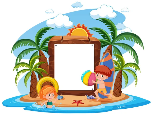 Modelo Banner Branco Com Muitas Crianças Férias Verão Praia Ilustração — Vetor de Stock