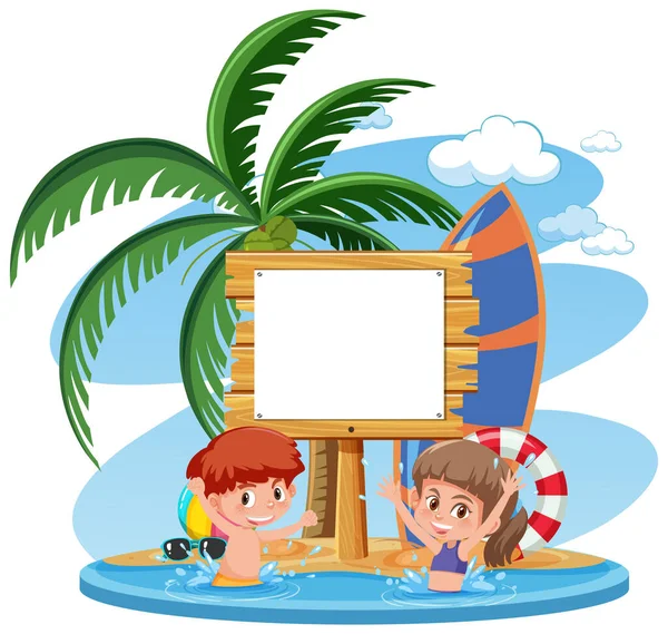 Modello Banner Vuoto Con Carattere Bambini Vacanza Estiva Spiaggia Sfondo — Vettoriale Stock