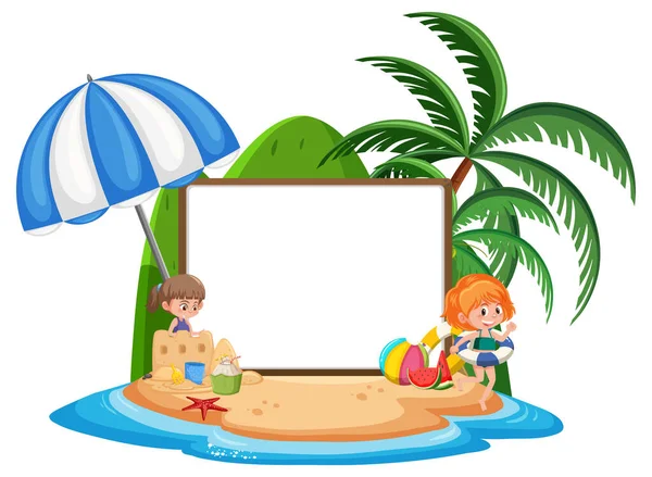 Leere Banner Vorlage Mit Kinderfigur Sommerurlaub Strand Auf Weißem Hintergrund — Stockvektor