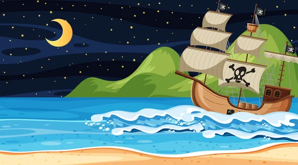 Океан Пиратским Кораблем Ночной Сцене Стиле Мультфильма — стоковый вектор
