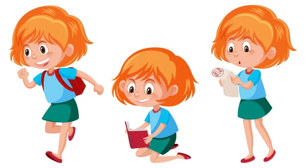 Personagem Desenhos Animados Uma Menina Com Diferentes Poses Ilustração — Vetor de Stock