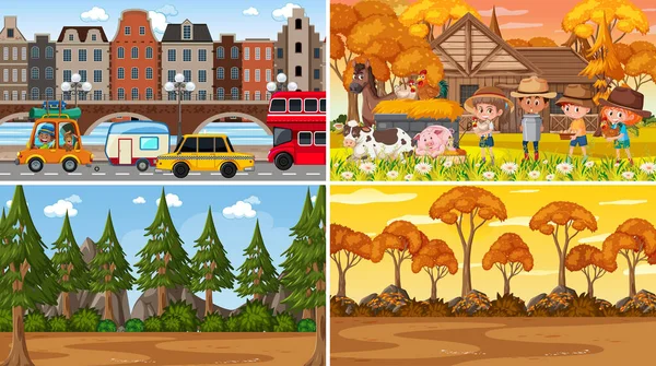 Set Van Verschillende Natuur Scènes Cartoon Stijl Illustratie — Stockvector