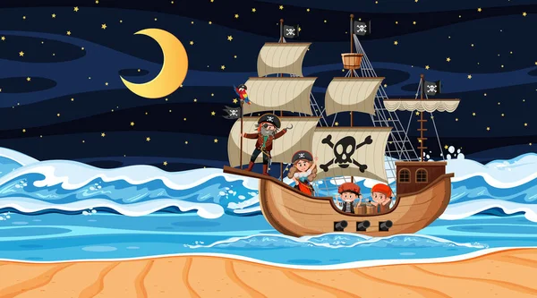 Océano Con Barco Pirata Escena Nocturna Ilustración Estilo Dibujos Animados — Vector de stock