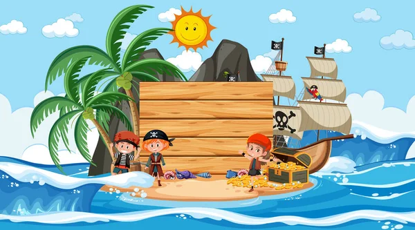 Crianças Piratas Praia Cena Diurna Com Modelo Banner Vazio Ilustração — Vetor de Stock