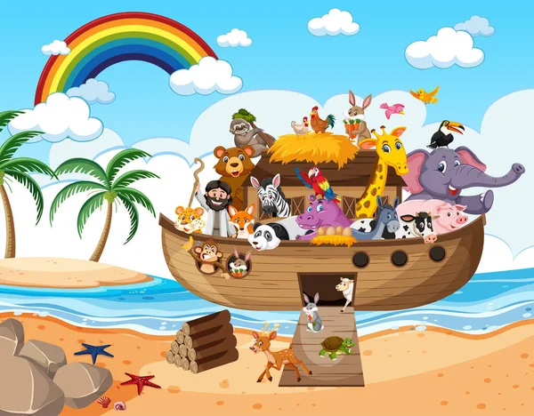 Arca Noè Con Animali Nella Scena Dell Oceano Illustrazione — Vettoriale Stock