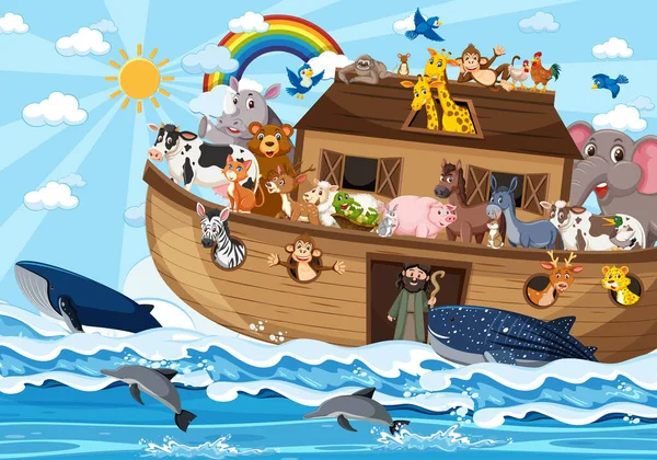 Arche Noah Mit Tieren Der Szene Des Ozeans Illustration — Stockvektor