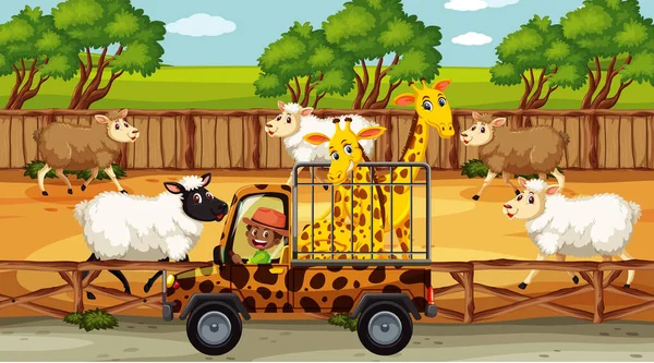 Scènes Safari Avec Nombreux Moutons Enfants Illustration Personnage Dessin Animé — Image vectorielle