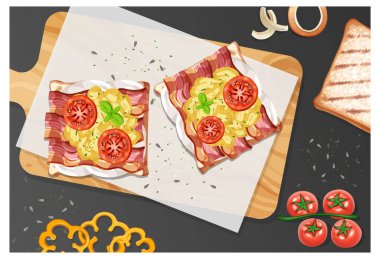 Çırpılmış yumurta ve pastırmalı kahvaltı yemeğinin en üst görüntüsü.