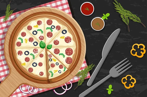Ovanifrån Hel Pizza Med Pepperoni Toppning Bordet Bakgrund Illustration — Stock vektor