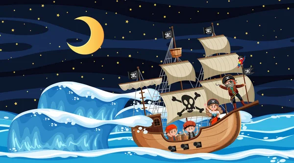 Ozean Mit Piratenschiff Bei Nächtlicher Szene Cartoon Stil — Stockvektor