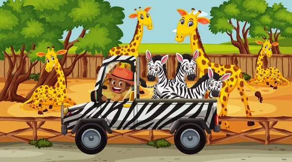 Scène Safari Avec Nombreuses Girafes Zèbres Sur Illustration Camion — Image vectorielle