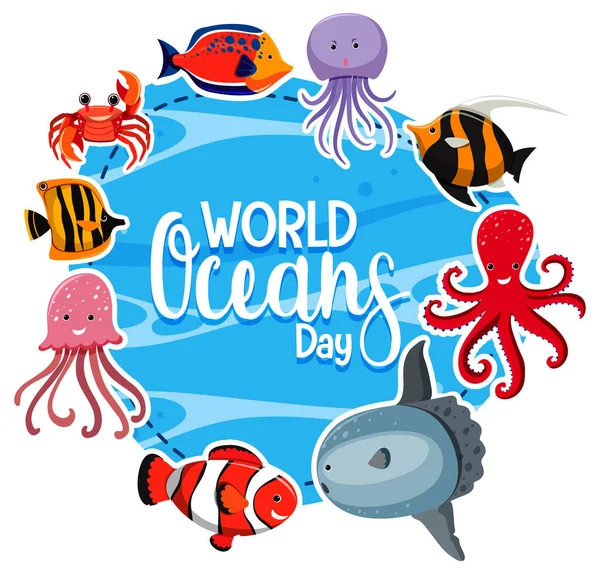 World Ocean Day Banner Many Different Sea Animals Illustration — Stock Vector