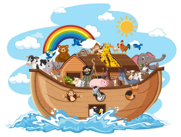 ノアの箱舟と動物たちの波は白い背景のイラストに孤立しています — ストックベクタ