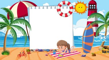 Sahilde gündüz vakti tatil yapan çocuklarla dolu boş afiş şablonu