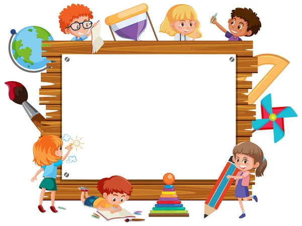 Empty Wooden Frame Many School Kids Cartoon Character Illustration — Stock Vector