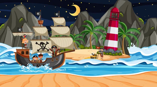 Praia Com Navio Pirata Cena Noturna Desenho Animado Ilustração Estilo — Vetor de Stock
