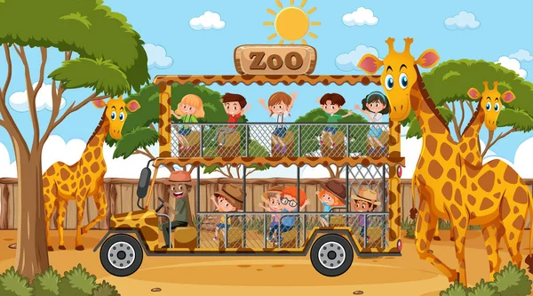 Safari Escena Del Día Con Muchos Niños Viendo Ilustración Del — Archivo Imágenes Vectoriales